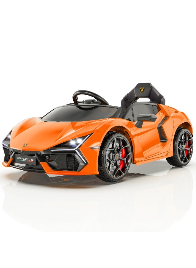 فيرست رايد أون - لعبة سيارة ركوب لامبورجيني ريفويلتو مرخصة 12 فولت، قيادة للأطفال، مع جهاز تحكم عن بعد، ألعاب ركوب للأطفال الصغار مع حزام أمان ثلاثي النقاط، 3 سرعات، بلوتوث (برتقالي) - Image 1